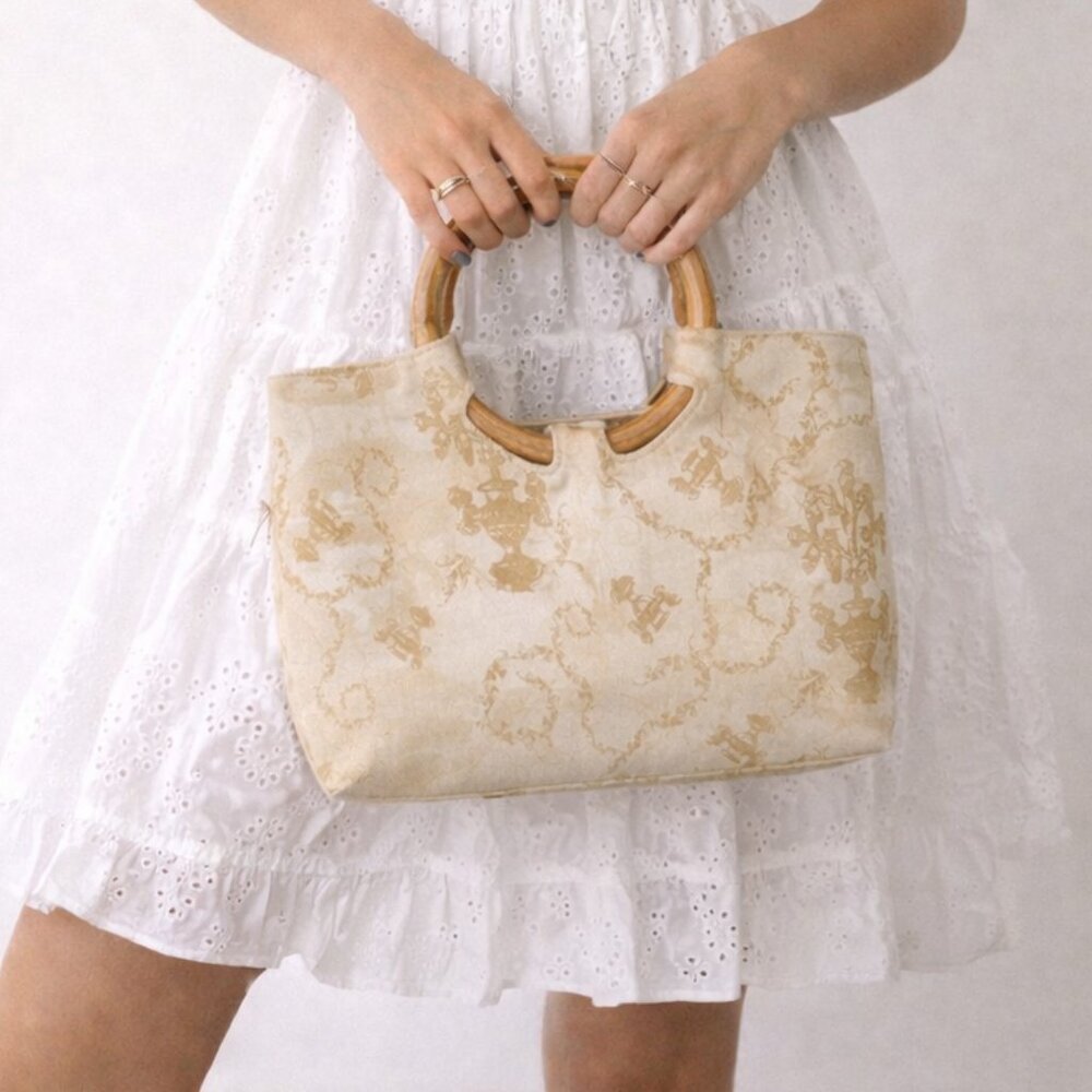 Enzo Angiolini Beige Tote Bag with Bamboo Handles